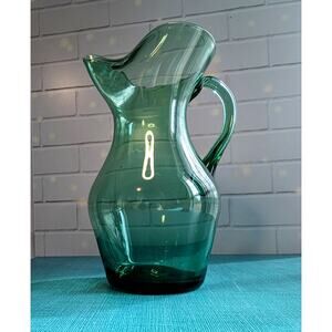 Green Drink Pitcher Hand Blown Blenko Studio Glass MCM Vintage 1960s Teal